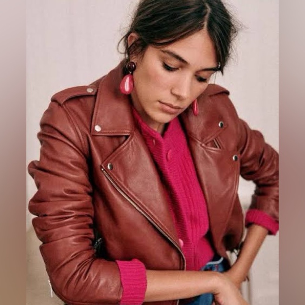 Sezane Rust Brown Leather Moto Jacket
